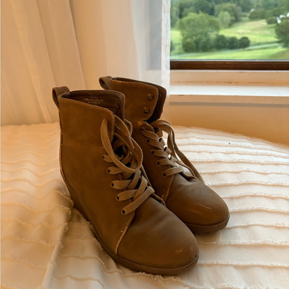 Brown Lace-Up Ankle Boots with wedge